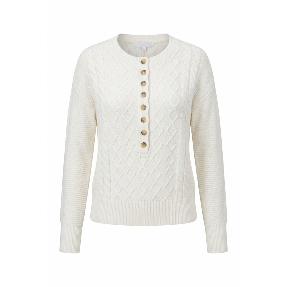 Ann Taylor Weekend White Cable Knit Henley Sweater Button Front Small 825411